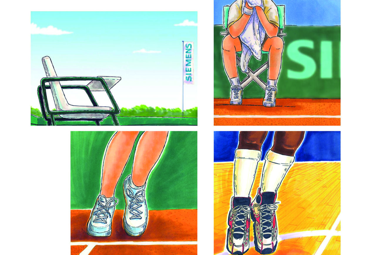 Aantal visuals voor sportevenementen die de ABN AMRO bank sponsort. schets sport bank sponsoring voetbal tennis basketbal