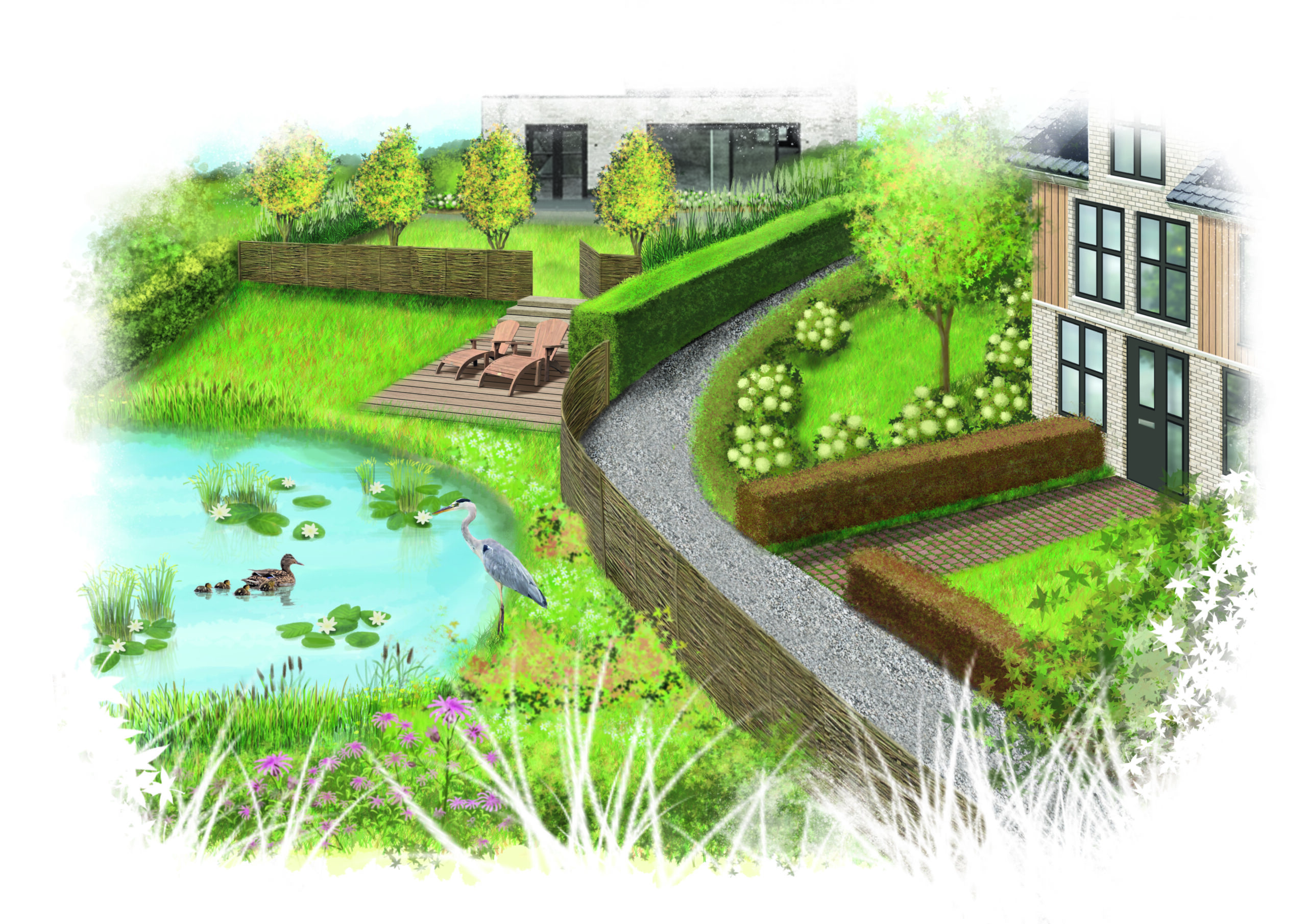 Amstelwijk natuurinclusief. Aantal infographics om groen en klimaatadaptief wonen in een nieuwbouwwijk Amstelwijck in Dordrecht. Groen wonen, gescheiden rioolsysteem, groene voortuinen en afspraken over zonnepanelen en openhaard. Enkele voorbeelden van bewuster wonen in en met een groenere wijk. milieubewust wonen illustratie infographic tekening flora fauna dubbel riool waterhuishouding