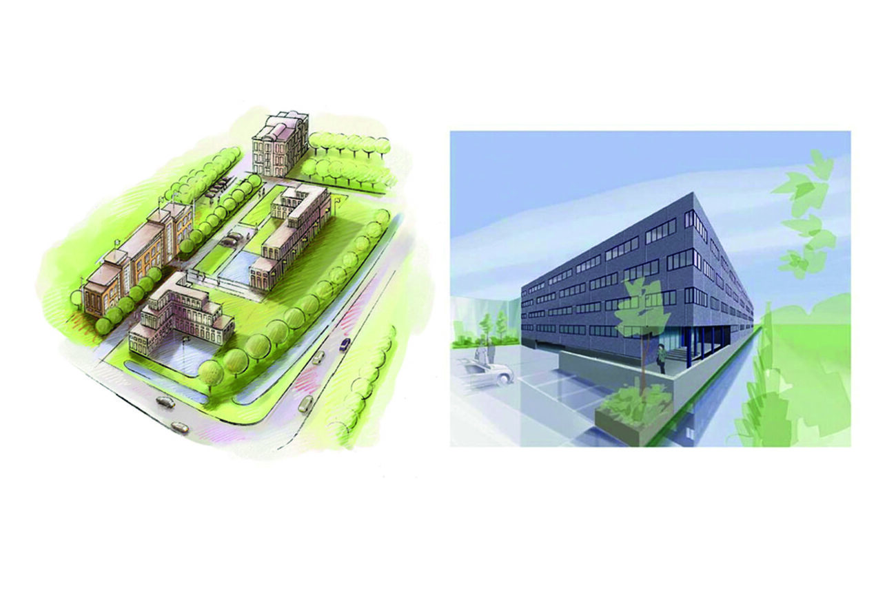 Twee artist impressions in een vlotte illustratieve sfeer. illustratie gebouw stad woonwijk