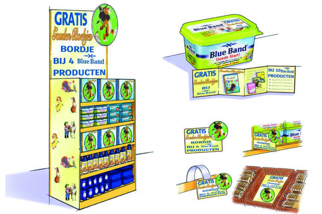 Diverse uitingen voor op de winkelvloer voor Blue Band. schets reatil food winkelvloer presentatie nieuwe producten