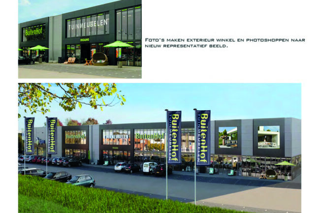 Opleuken an aankleden van een bestaande foto van een winkel van BuitenHof tuinmeubelen. Eigen fotografie en opmaak. fotomontage retail tuimnmeubelen life outdoor living