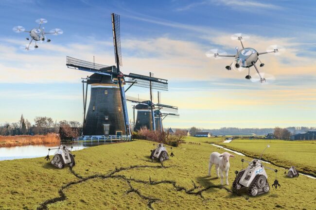 Fotomontage voor een jaarverslag van HKV-Lijn in water over dijkbewaking door drones en robots. fotobewerking dijken rivieren bever drone