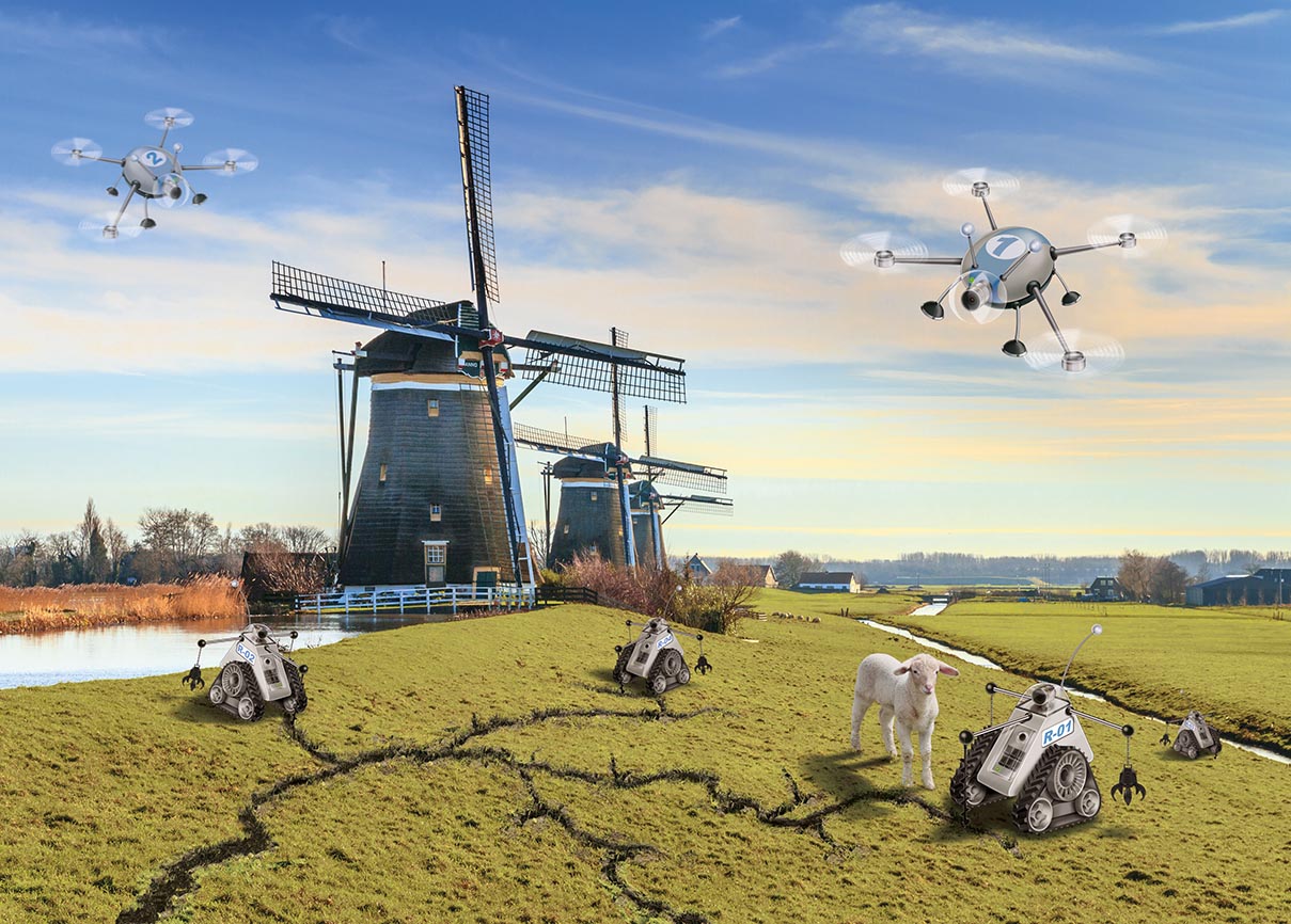 Fotomontage voor een jaarverslag van HKV-Lijn in water over dijkbewaking door drones en robots. fotobewerking dijken rivieren bever drone