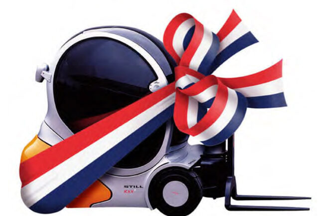 Het monteren van een strik om een Stihl heftruck. fotomontage fotomanupilatie vervoer