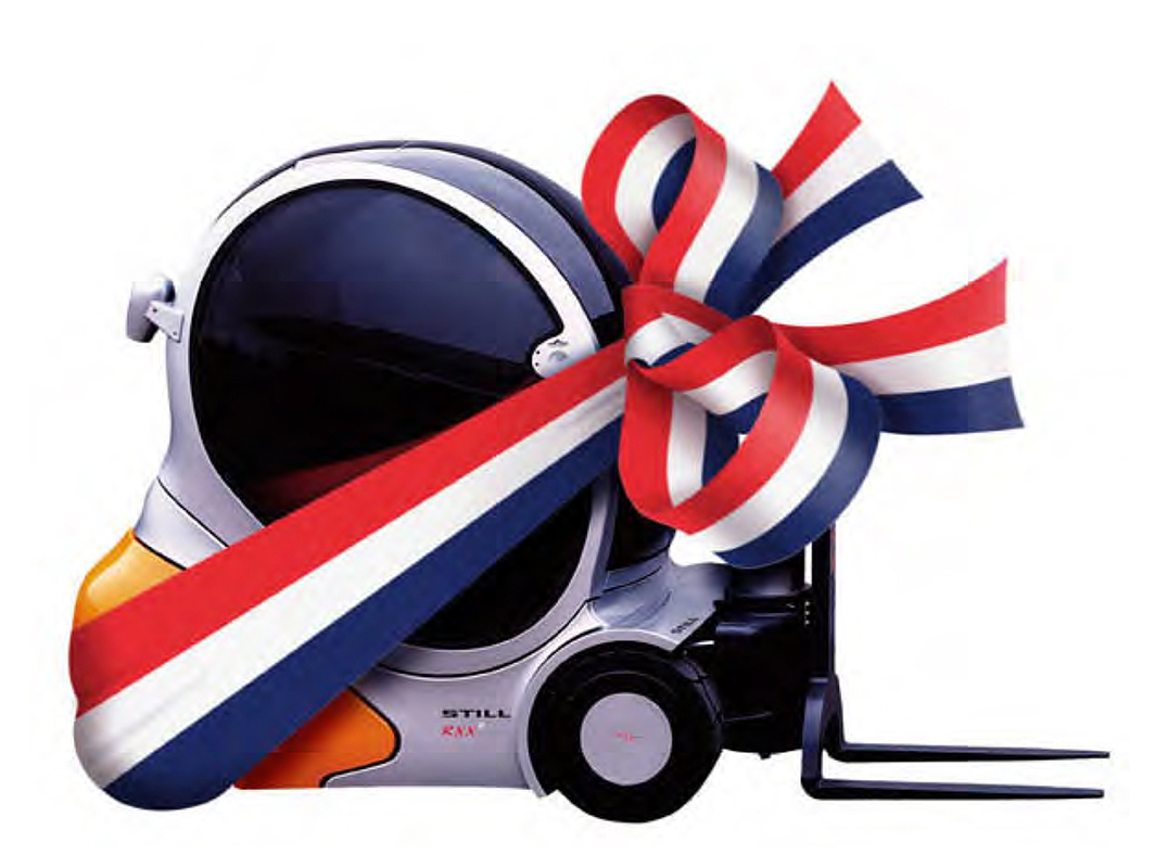 Het monteren van een strik om een Stihl heftruck. fotomontage fotomanupilatie vervoer