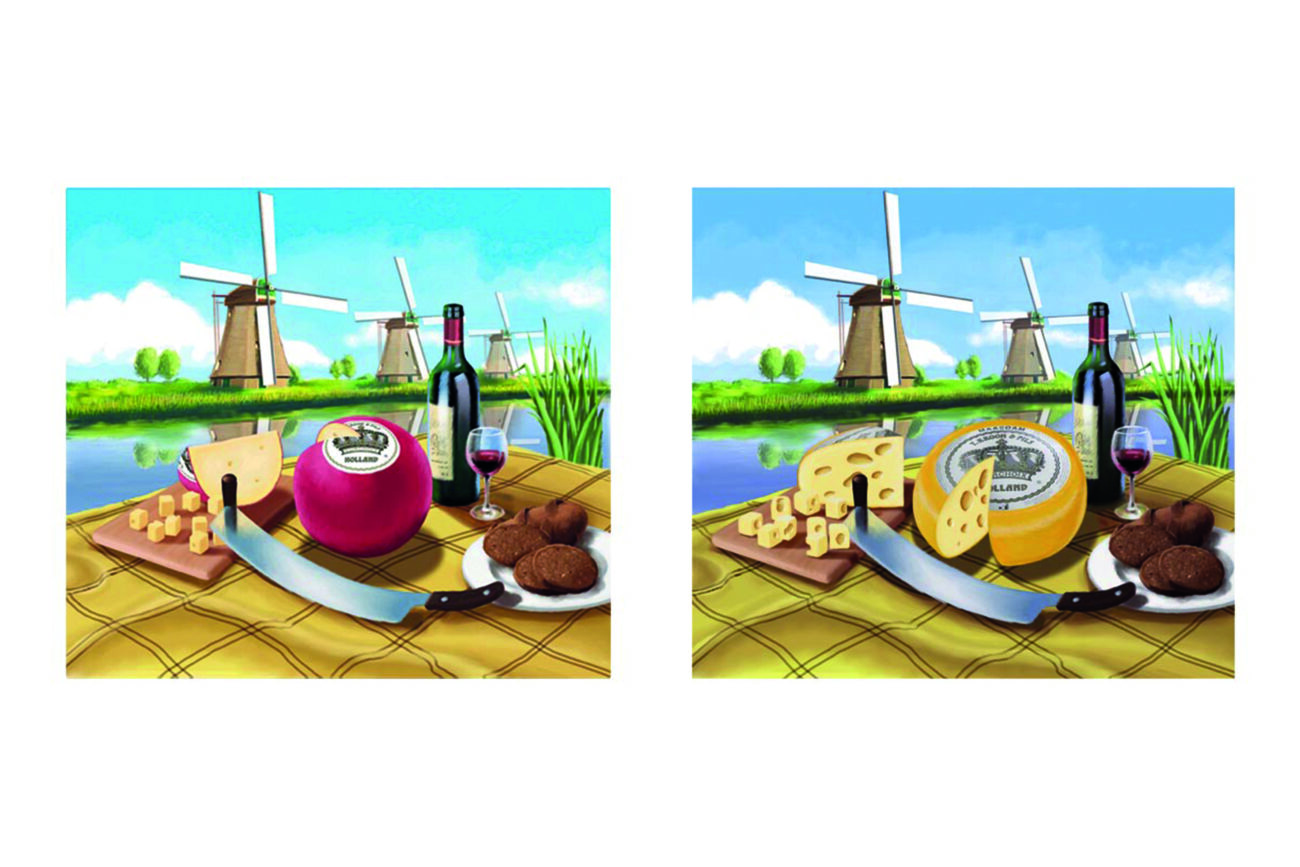 Serie etiketten illustraties voor op kazen van T. Kroon & Fils. retail tekening food kaas zuivel promotie reclame winkelvloer presentatie