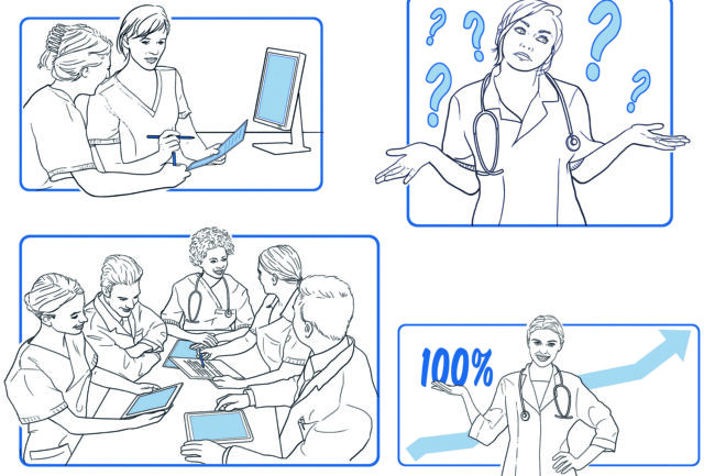 Vier visuals voor een rapport om overleg in een ziekenhuis te verbeelden. infoghraphic medisch