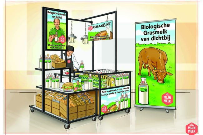 Visual van een melktap voor MijnMelk. schets retail winkelschap food melk zuivel presentatie winkelvloer
