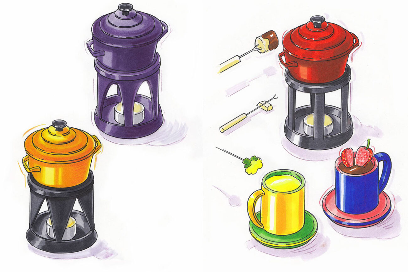 Visual van chocoladefondue setjes. schets detailhandel retail