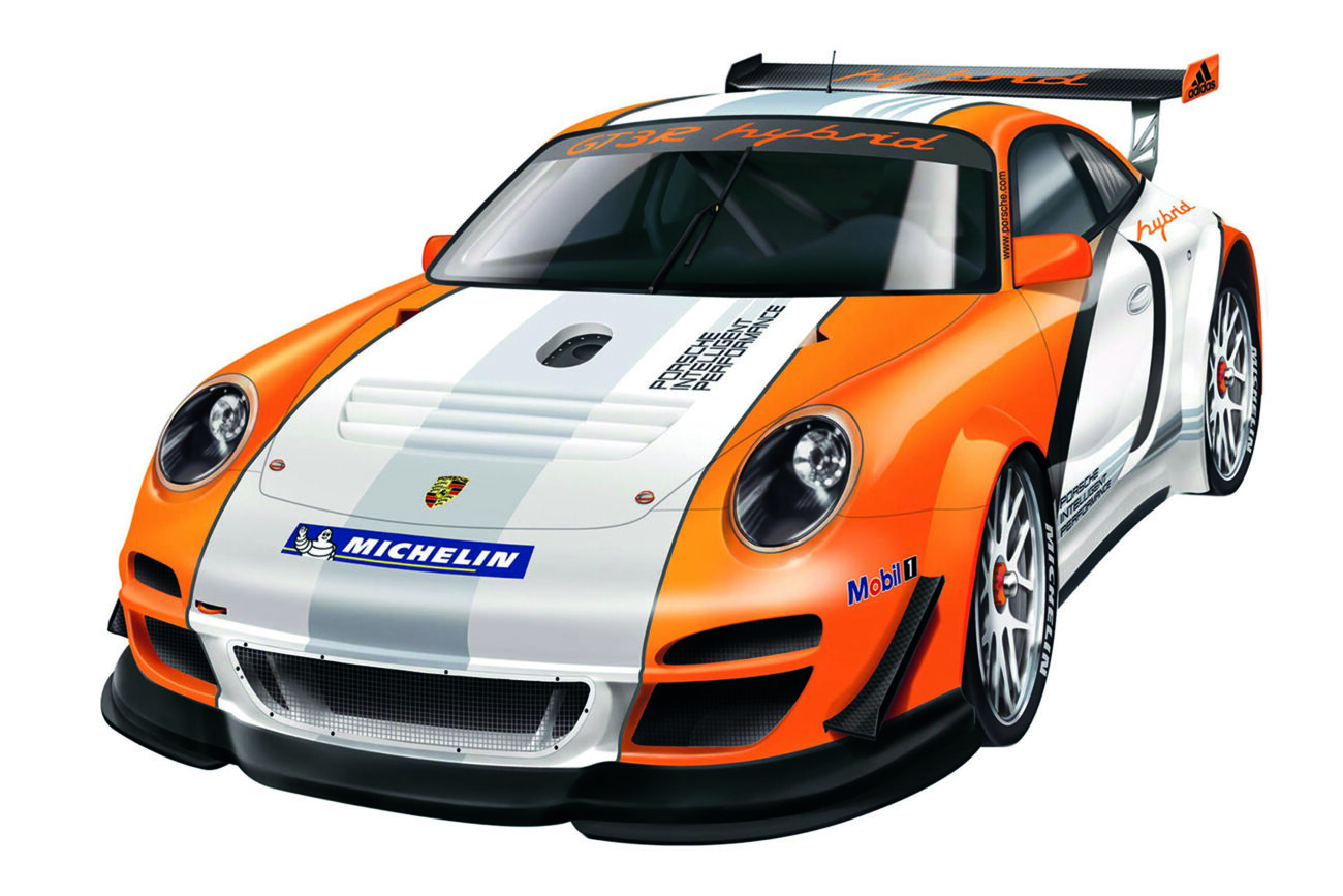 Illustratie van een Porsche 997 GTR3 R Hybrid voor op de verpakking van Nikko radiografisch bestuurbare auto's. modelbouw auto tekening porsche