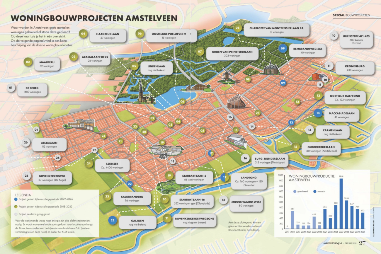 Plattegrond om toekomstige woningbouwprojecten te tonen in Amstelveen. tekening visual infographic plattegrond natuur natuurgebied amstelveen amsterdam