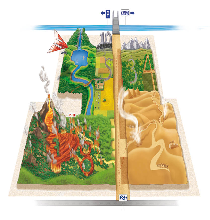 Een illustratieve manier om de 4 belevingswerelden van de Nibe beursstand weer te geven. plattegrond tekening viaual infographic beurs cv waterpomp elektra
