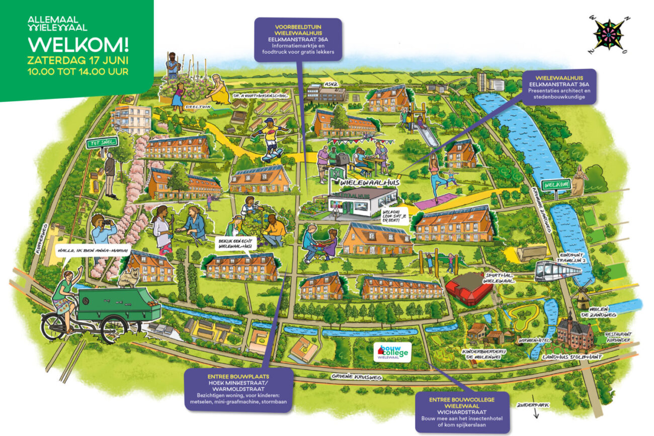 Leuke speelse plattegrond om de nieuwbouwwijk Wielewaal in Rotterdam te laten zien.De Wielewaal in Charlois ligt in Rotterdam-Zuid aan de rand van het Zuiderpark. Het is een groene woonwijk met een bijzondere architectuur, speciaal ontworpen voor de Wielewaal. Tekening kinderen nieuwbouw huzen wijk rotterdam illustratie