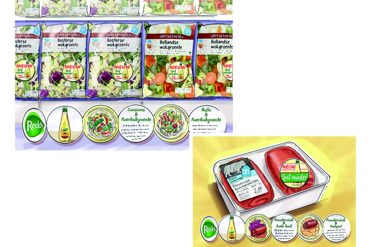Visuals van on-pack communicatie voor AH. schets retail food winkelschap boodschappen supermarkt