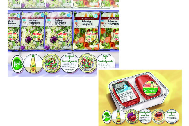 Visuals van on-pack communicatie voor AH. schets retail food winkelschap boodschappen supermarkt