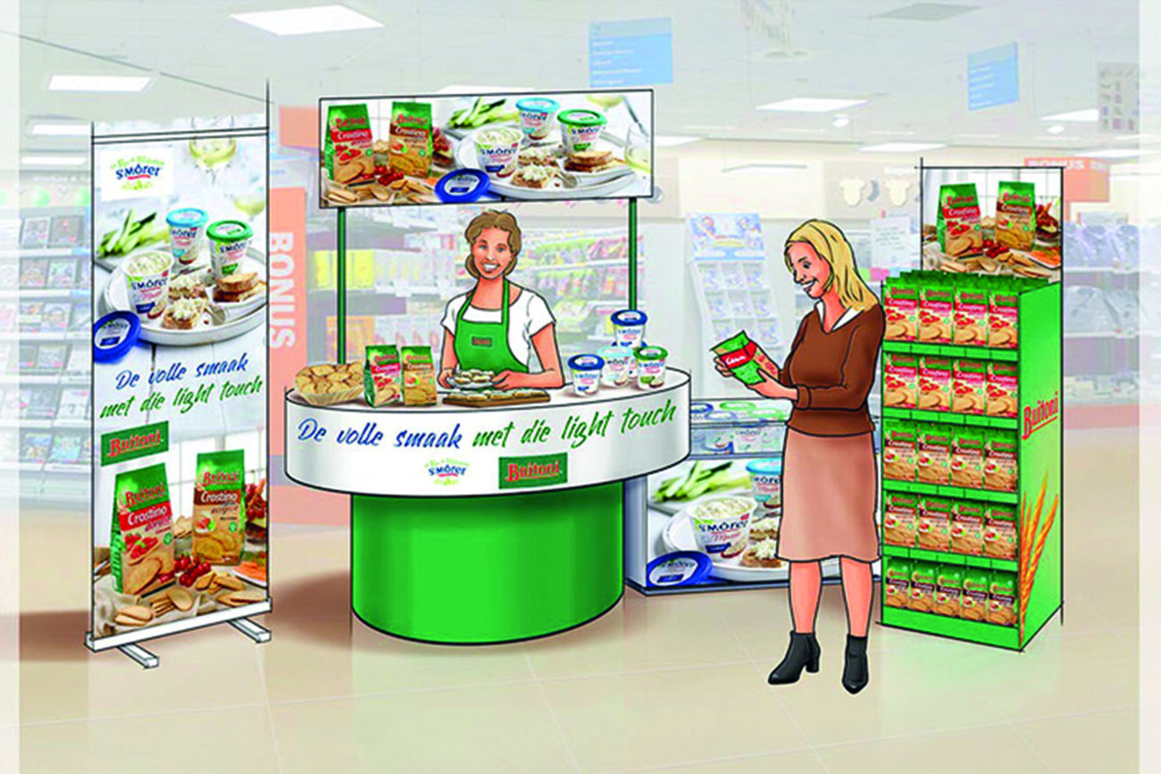 Visual om de winkelpresentatie te laten zien voor St. Moret. retail supermarkt tekening schets food