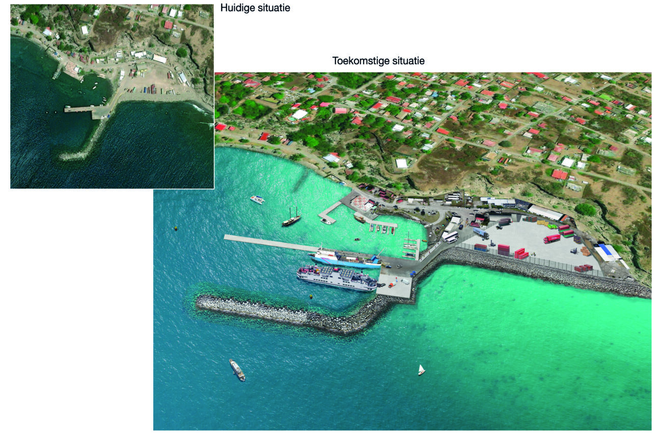 Fotobewerkingen van een toekomstige verbouwing van een haven op ST. Eustatius in verschillende stappen. fotomanupilatie zeevaart
