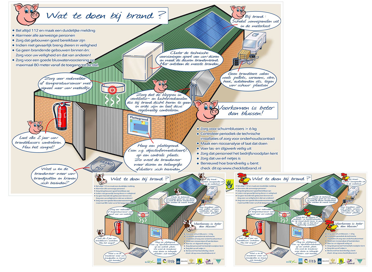 Aantal infographics over het risico van stalbranden. Versies geillustreerd voor varkens, koeien en kippen. Uitgevoerd als o.a. posters om in de stallen op te hangen. landbouw tuinbouw dieren fokken stal brand preventie onderzoek stalbrand koeien kippen varkes onderzoek