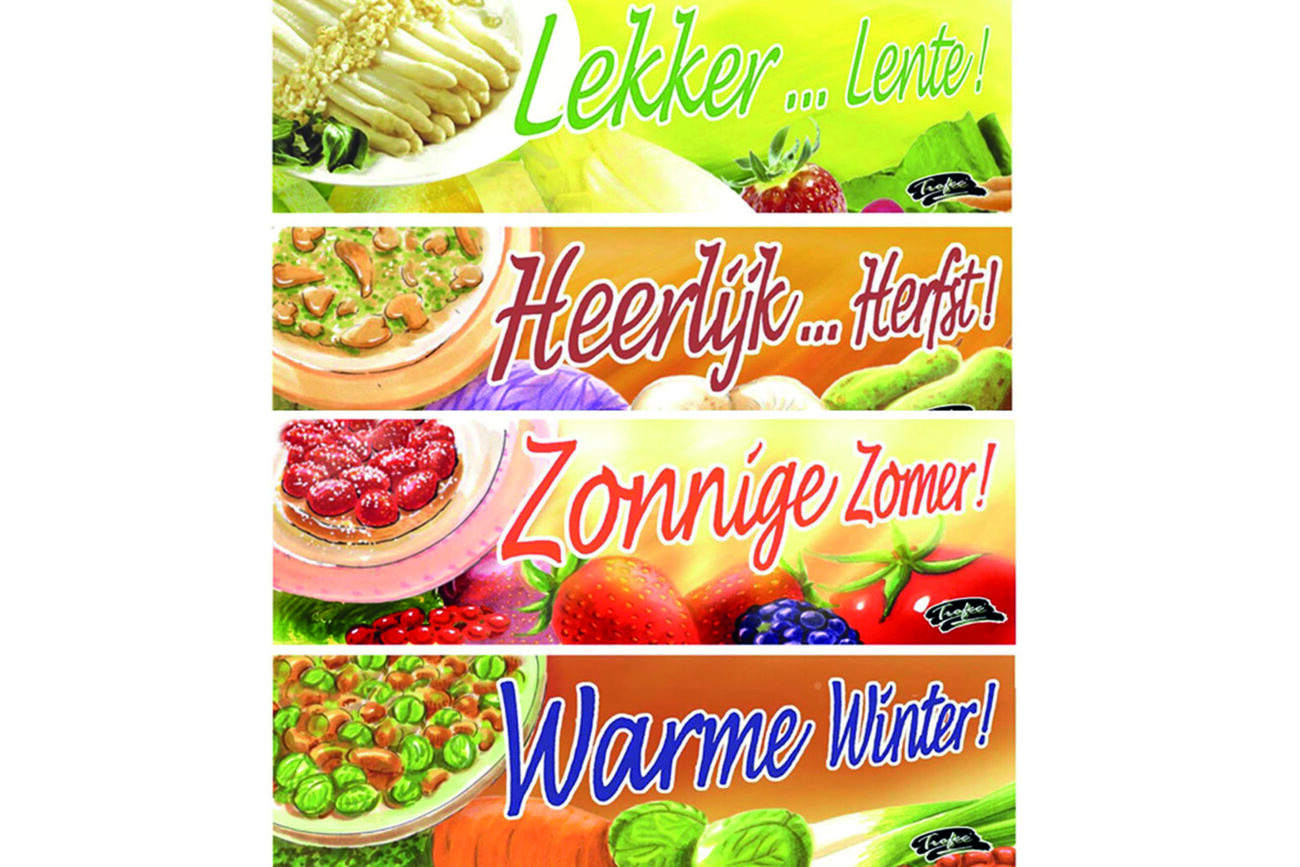 Vier ontwerpen van posters voor The Greenery. visual schets 4 seizoenen food retail winkelvloer poster groente fruit eten winkelen supermarkten
