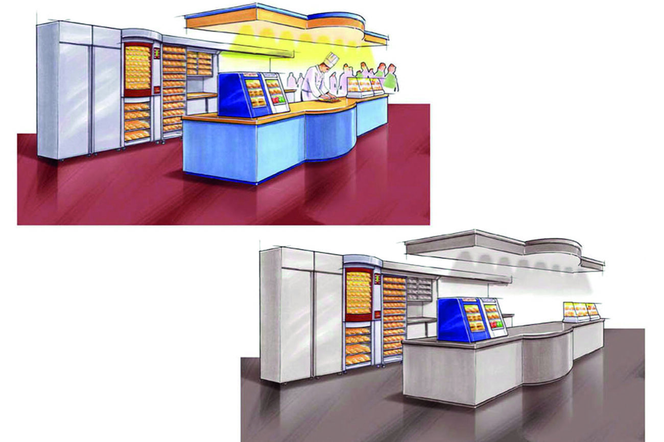 Twee visuals van foodcounters. retail illustratie tekeningen food