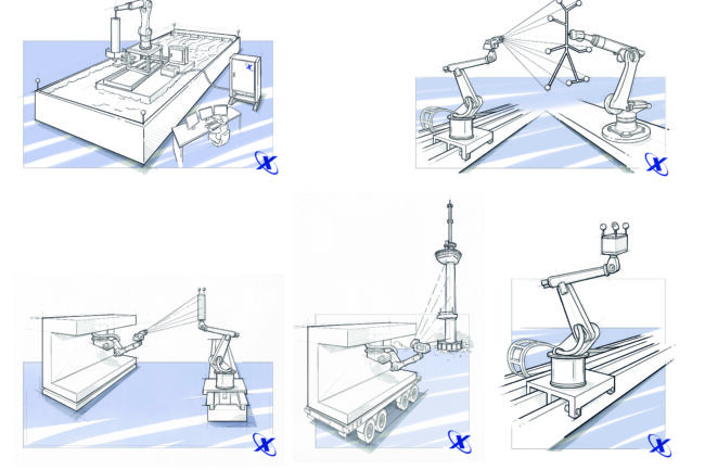 Serie visuals over monitoring en metingen via robotsensors voor de off-shore industrie. schets robot drone zee